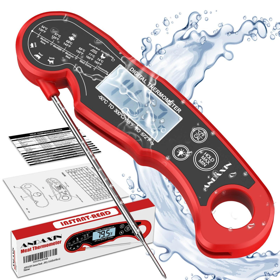 Andaxin meat thermometer front view shows compact, rugged design for grilling with on-the-go accuracy.