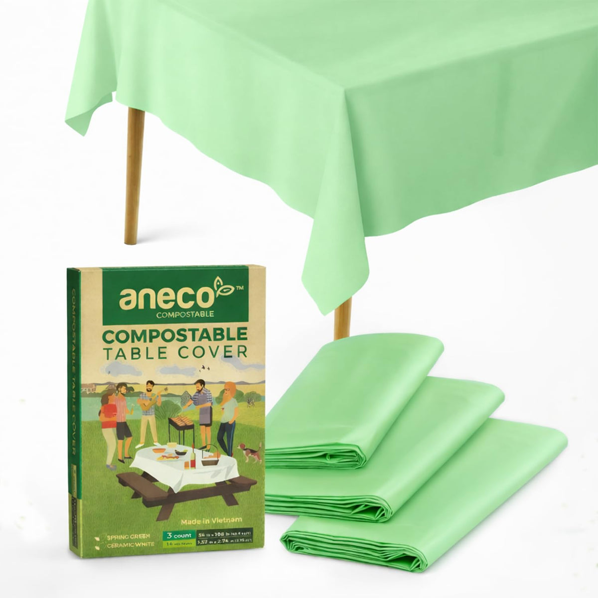 ANECO 100% compostable rectangle tablecloth in mint green for eco-conscious gatherings.