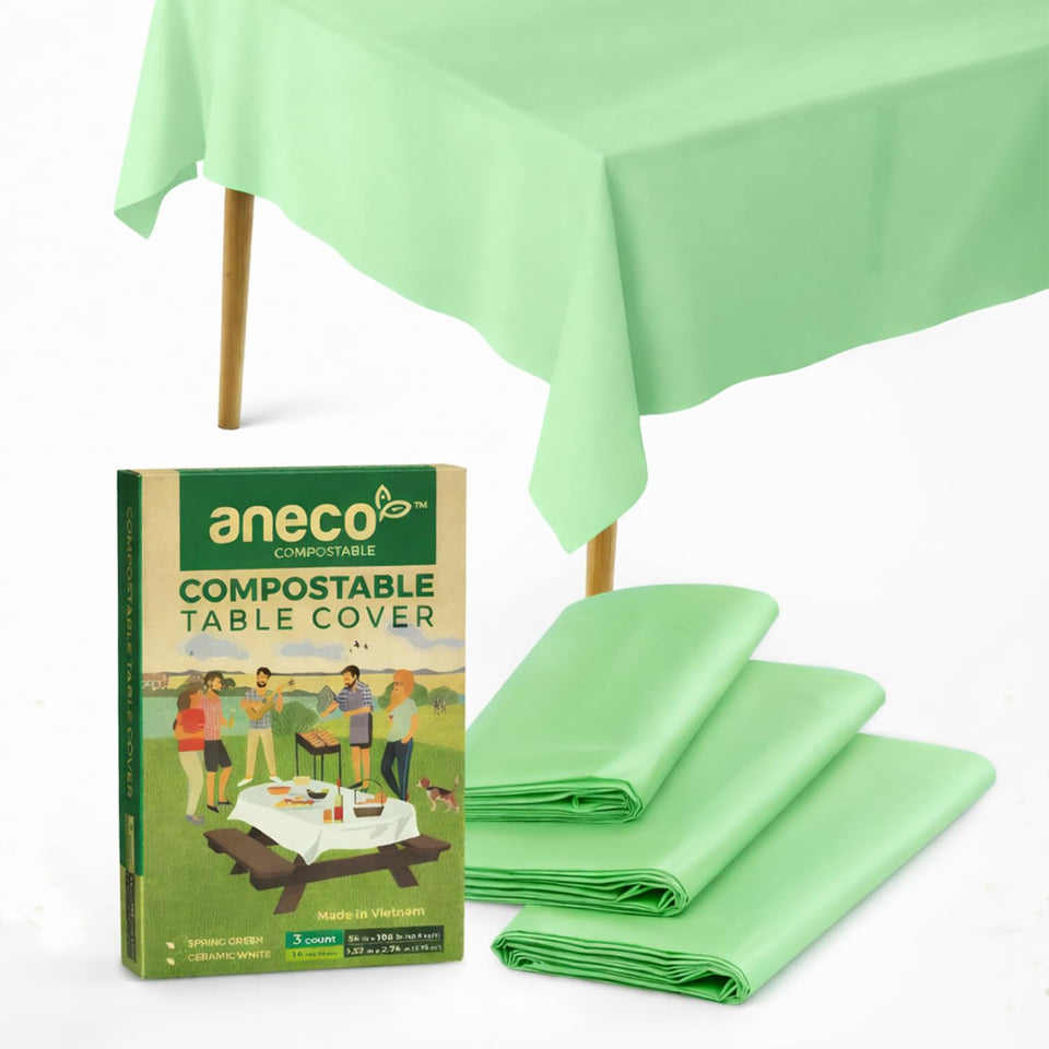 ANECO 100% compostable rectangle tablecloth in mint green for eco-conscious gatherings.
