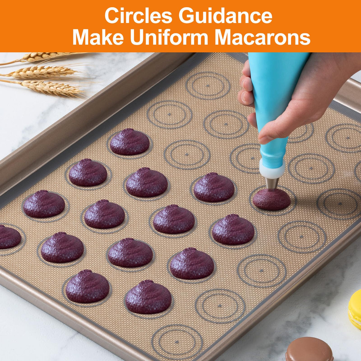 Angadona Macaron mats and piping tips enable precise batter placement for uniform shells.