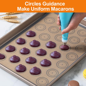 Angadona Macaron mats and piping tips enable precise batter placement for uniform shells.
