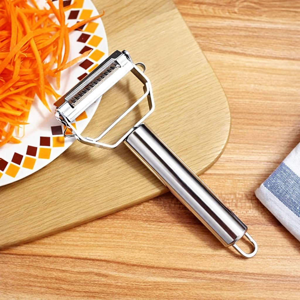 AnGeer dual blade Y-peeler slices carrots and cucumbers evenly.
