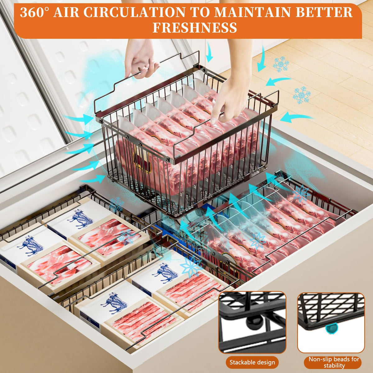 ANJUBAN freezer organizer bin ideal for cabinets, closets, and pantries.