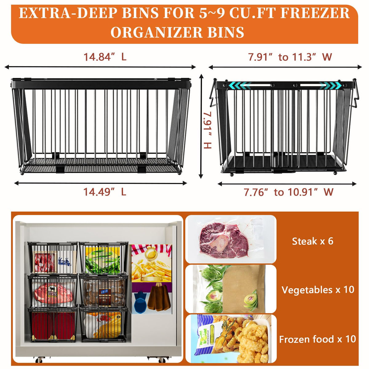 ANJUBAN freezer organizer bin with reinforced thick frame for durability.