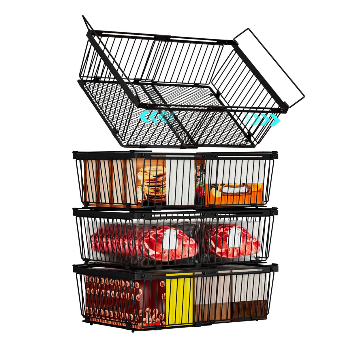 ANJUBAN large freezer organizer bins 4-pack on a shelf shows tidy storage benefits