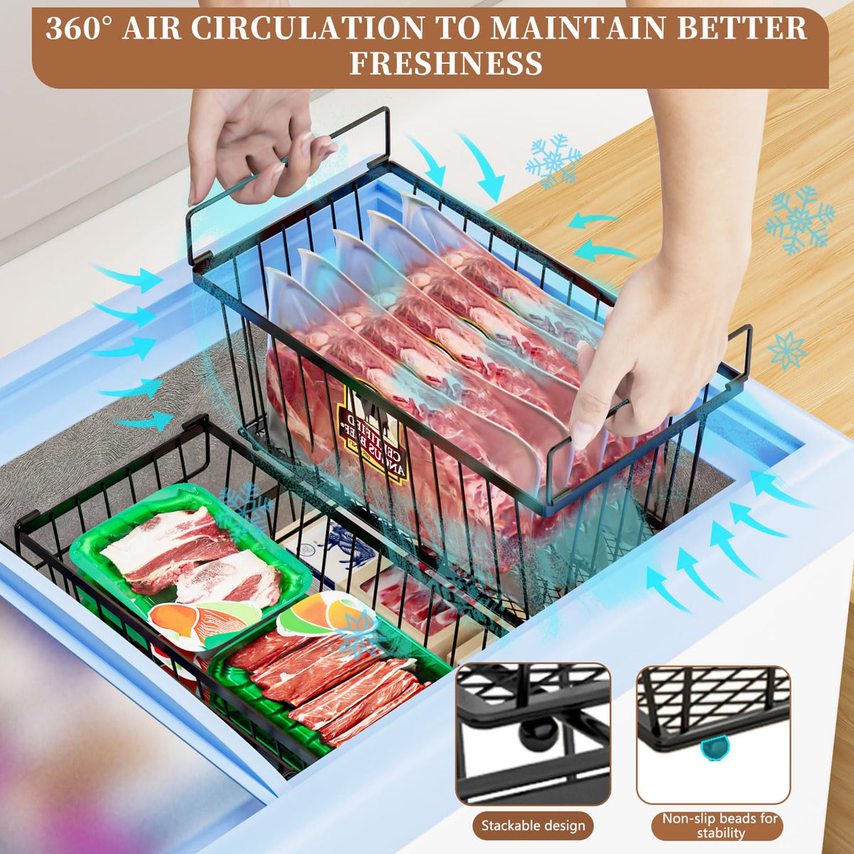 ANJUBAN multipurpose freezer bin suitable for cabinets, closets, and laundry rooms.