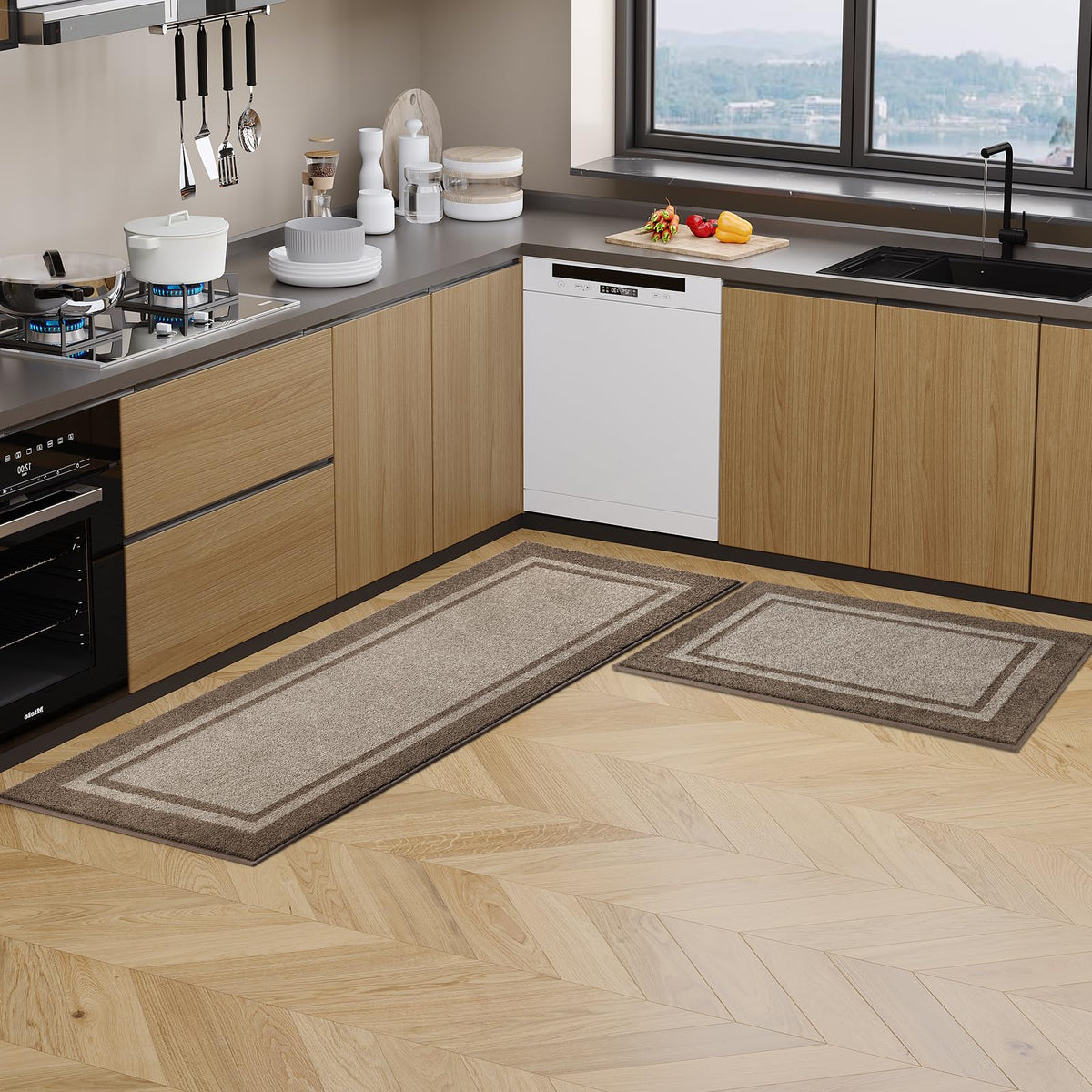 Anllugs kitchen rug beige-grayish-brown shade matches any kitchen decor