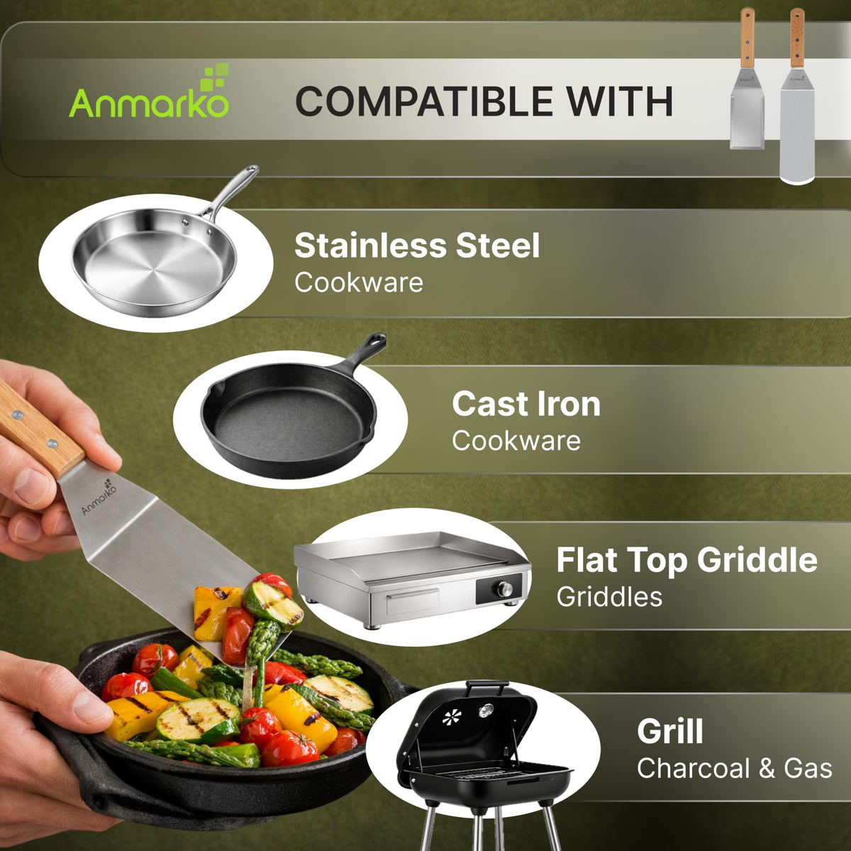Anmarko beveled-edge spatula designed to flip and cut with ease