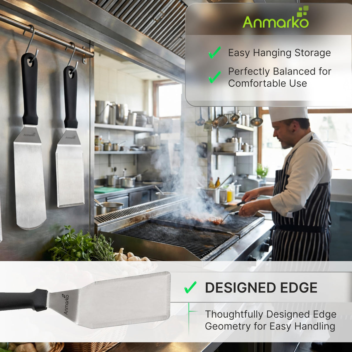 Anmarko beveled-edge spatula prevents scratches on cast iron