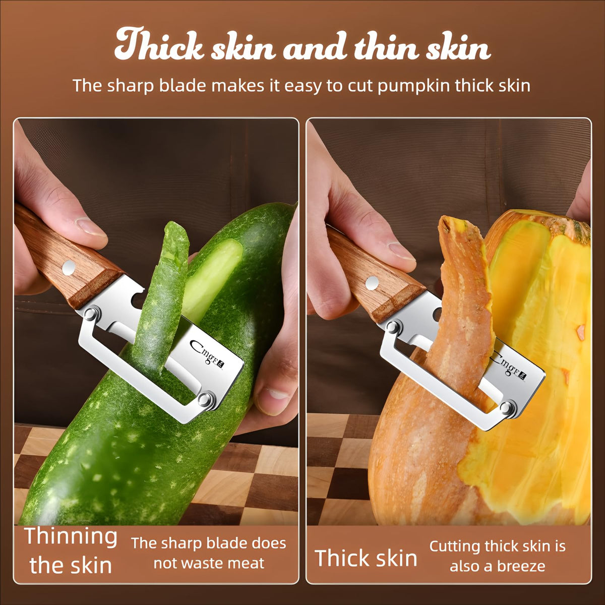 ANMIOU peeler showing stainless steel blade for precise peeling
