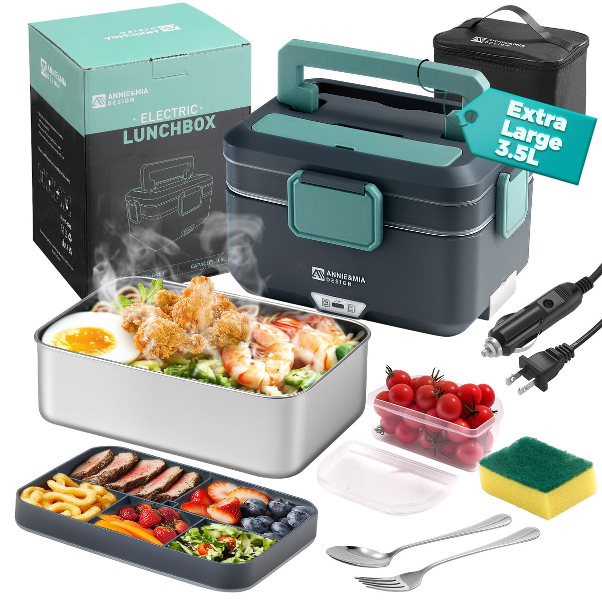 Annie & Mia Design electric lunch box, outer view, showing portable style for busy days.