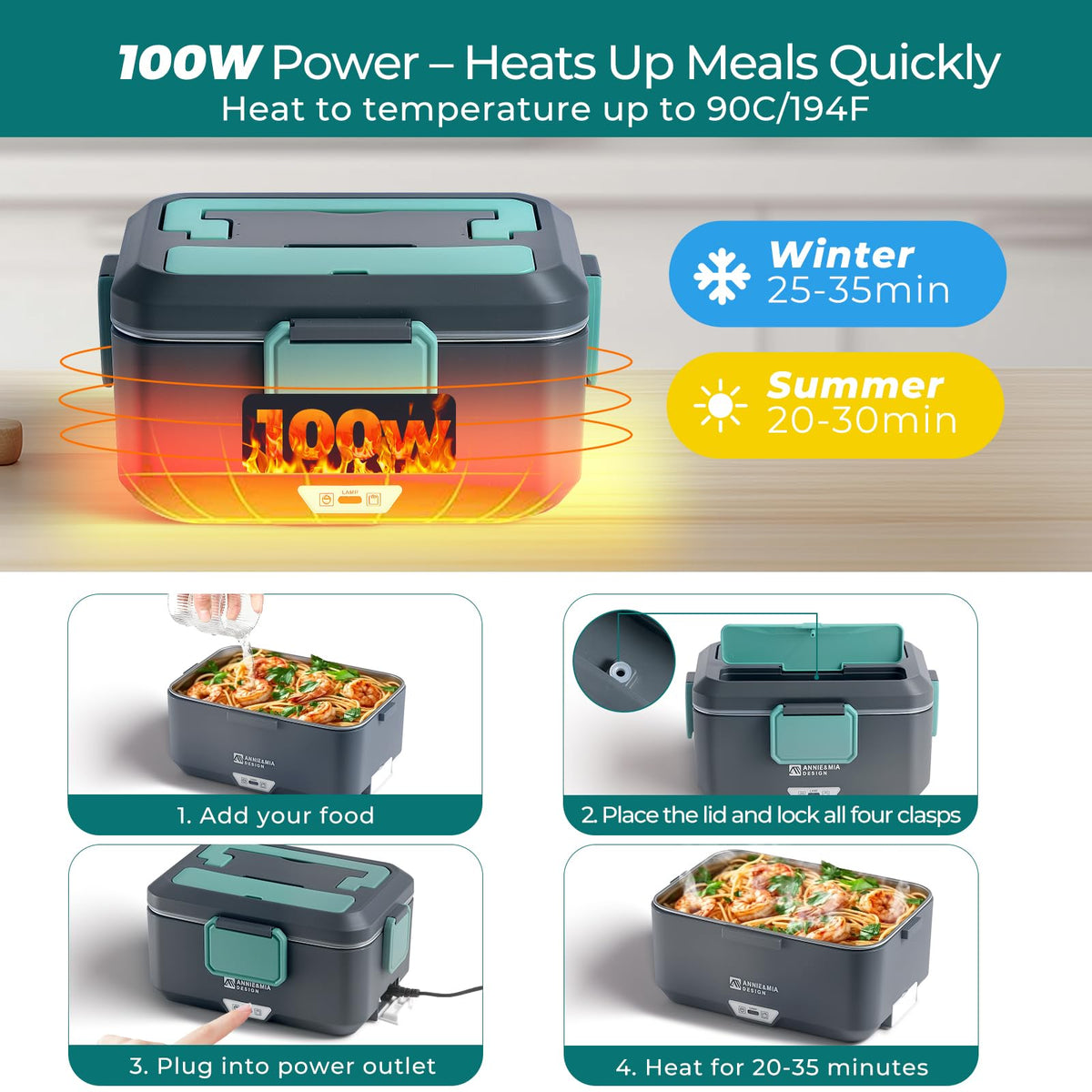 Annie & Mia Design in-car plug compatibility supports warm meals during commutes.