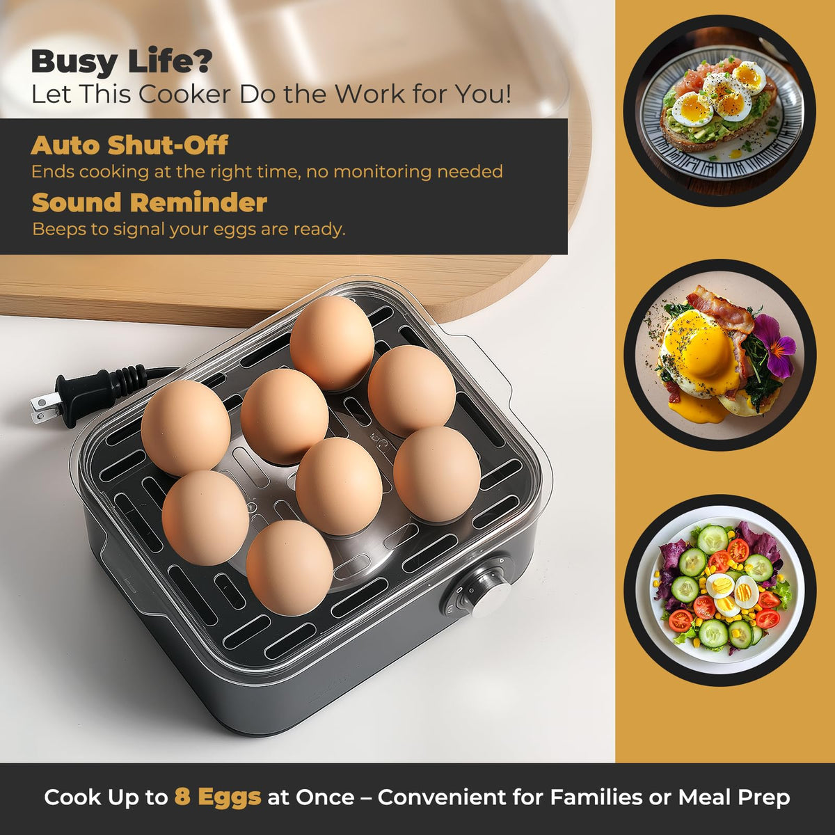 Annie & Mia Design 8-egg capacity handles batches for family breakfasts with speed.