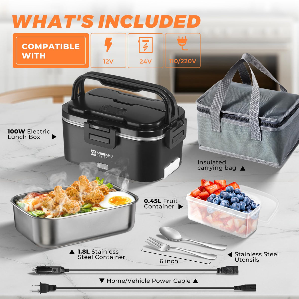 Annie & Mia Design electric lunch box car plug enables versatile power options.