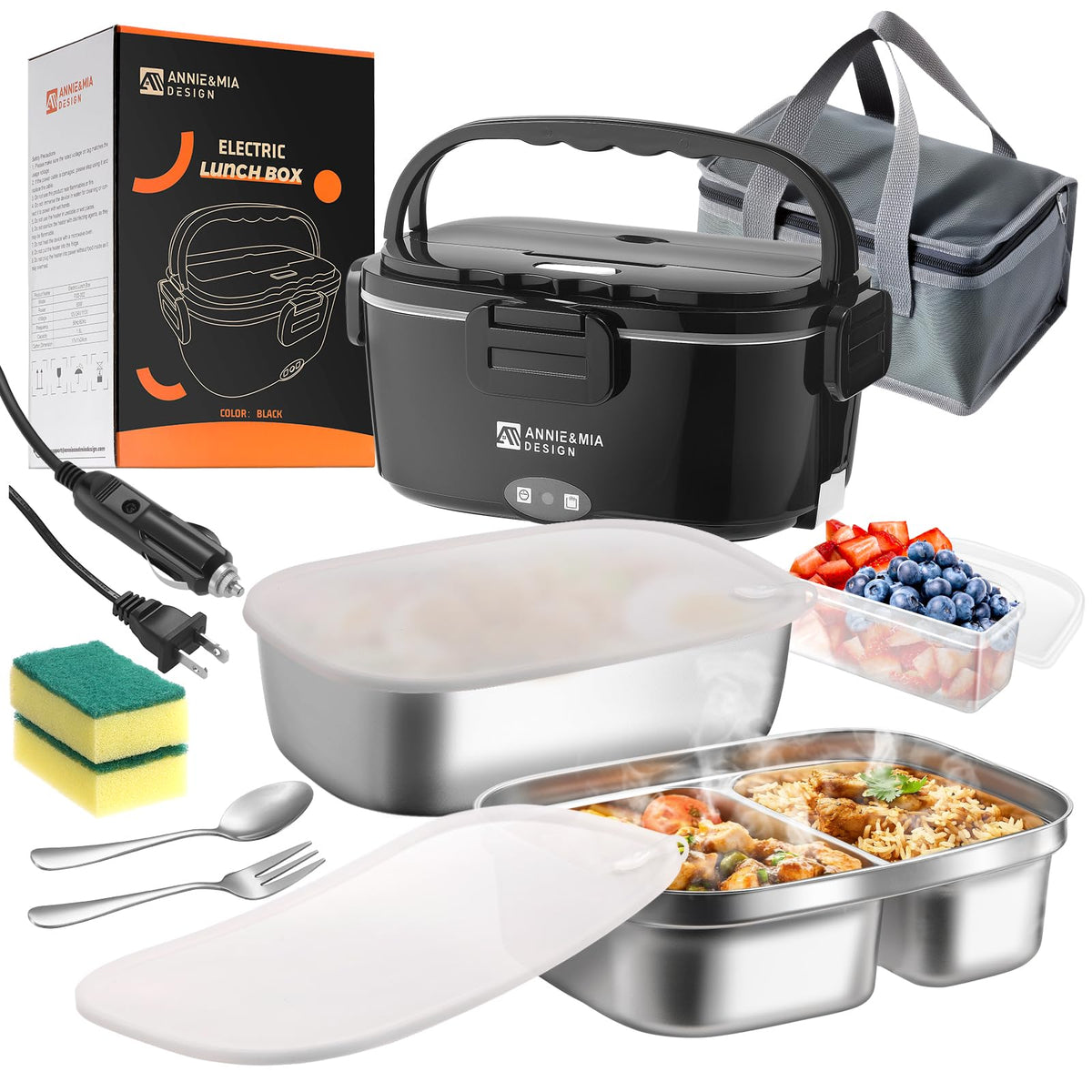 Annie & Mia Design electric lunch box, front view showing compact dual containers for meals on the go.
