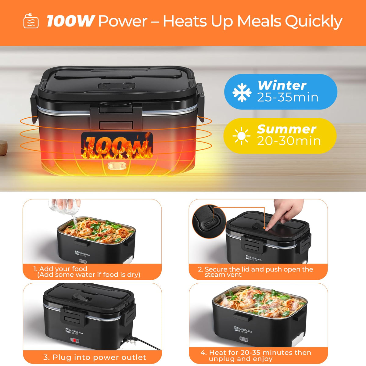 Annie & Mia Design electric lunch box stainless steel interior highlights durability.