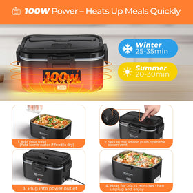 Annie & Mia Design electric lunch box stainless steel interior highlights durability.