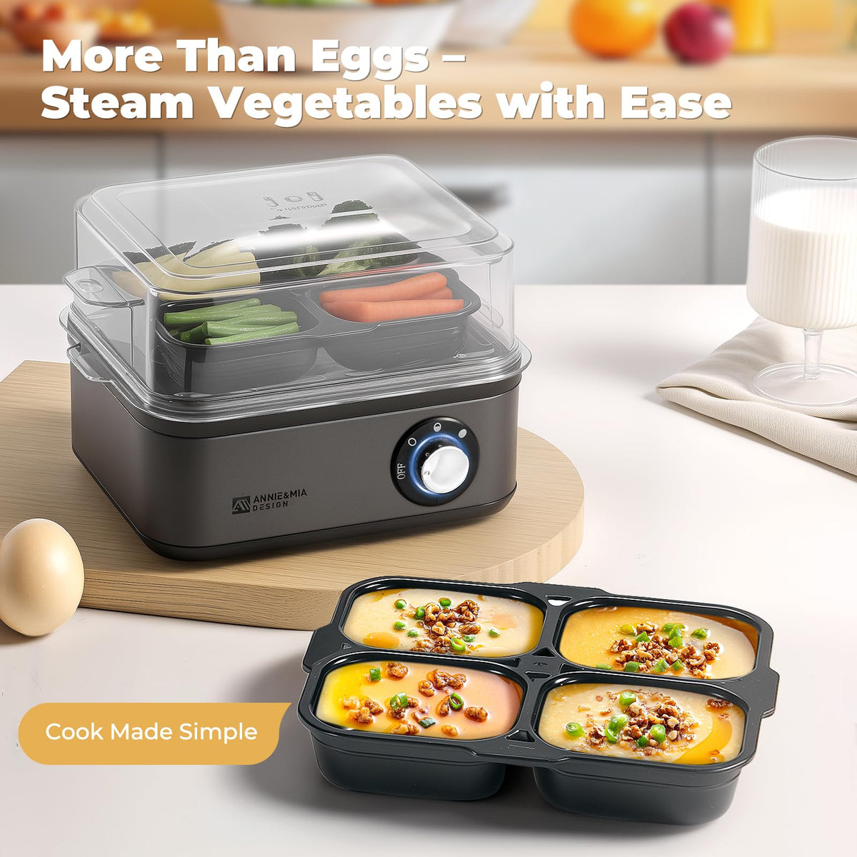 Annie & Mia Design poached eggs and omelets option for versatile breakfasts.