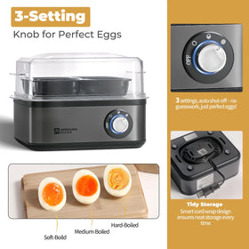 Annie & Mia Design precise knob control enables customized egg textures.