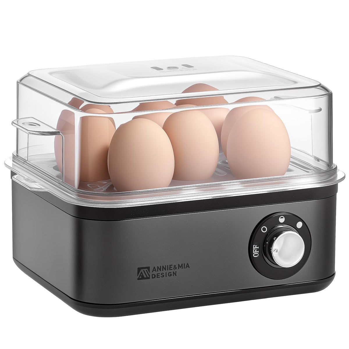 Annie & Mia Design stainless steel egg cooker on counter showing durable finish for everyday meals.