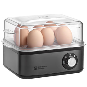 Annie & Mia Design stainless steel egg cooker on counter showing durable finish for everyday meals.