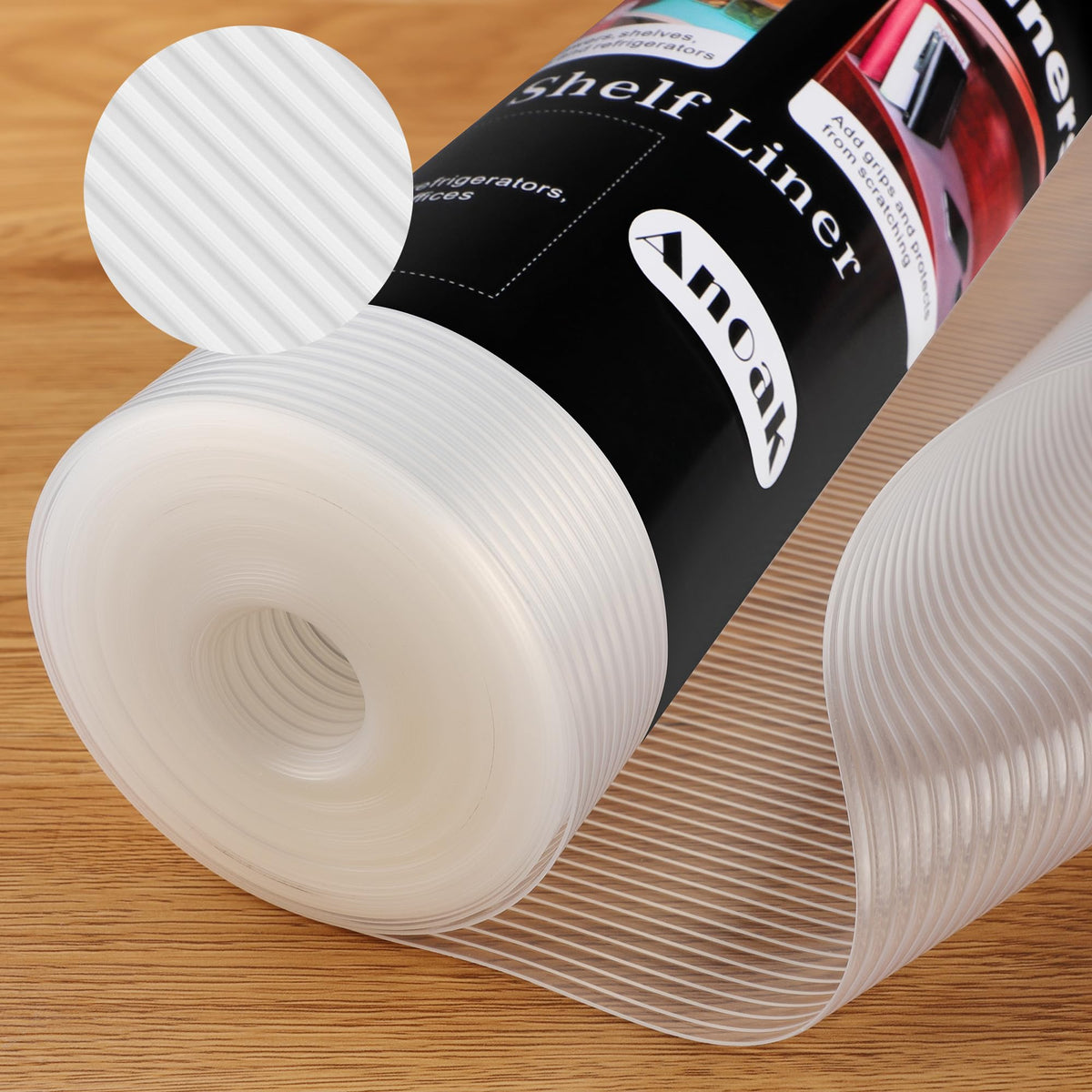 Anoak shelf liner with non-slip stripe secures glassware on shelves.