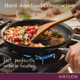 Anolon Advanced Home Moonstone on stove demonstrates versatile cooking in a compact pan.
