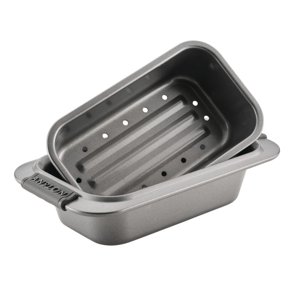 Anolon Advanced loaf pan set two pieces with easy-release nonstick surface.