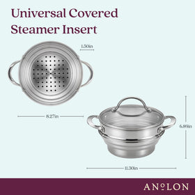 Anolon Classic steamer insert fits tulip pots for versatile steaming in action.