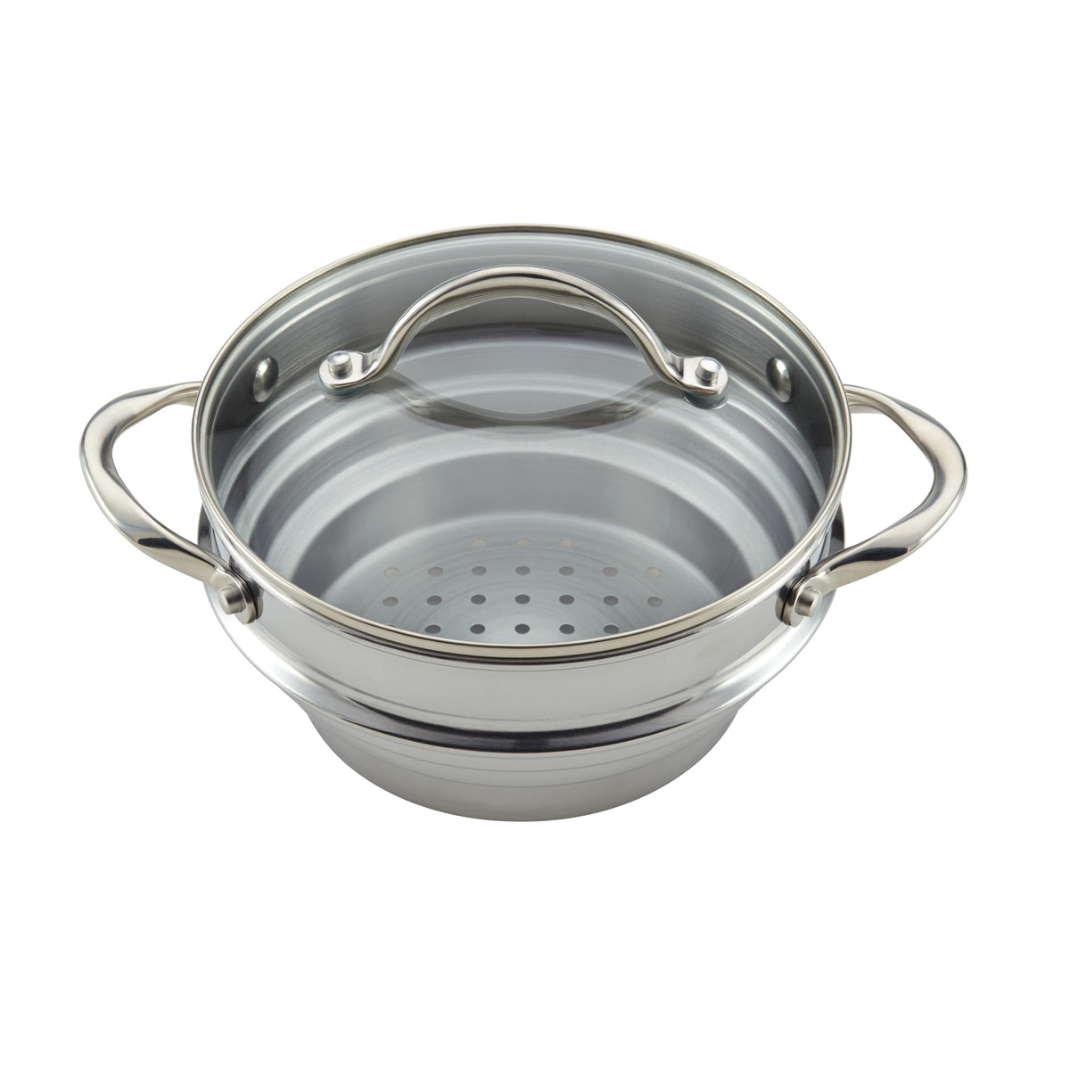Anolon Classic steamer insert demonstrates oven-safe up to 500°F for finishing dishes.