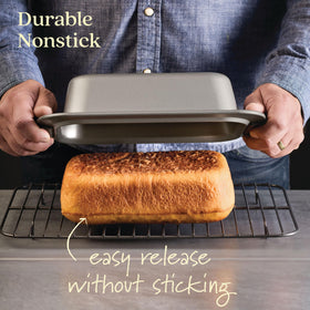 Anolon loaf pans oven-safe up to 450°F for versatile baking.