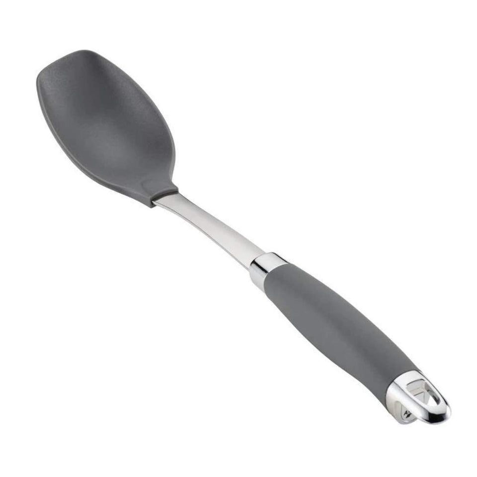 Anolon SureGrip nylon solid spoon in gray, ideal for nonstick cookware and easy serving.