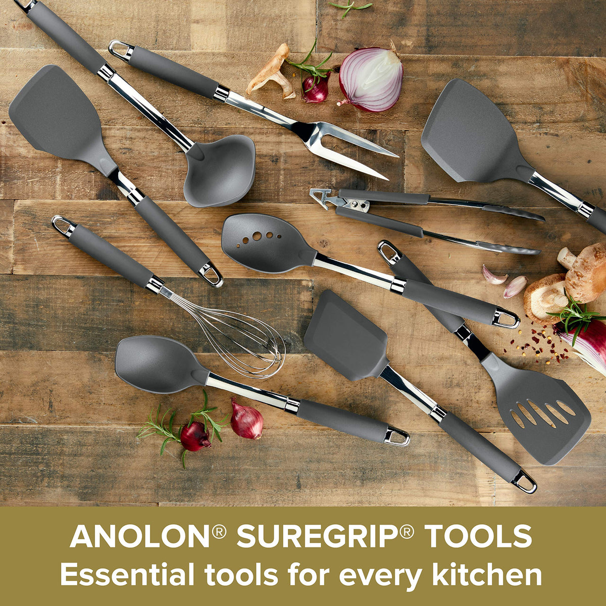 Anolon SureGrip solid spoon with a sturdy stainless neck and comfortable grip for confident stirring.