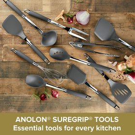 Anolon SureGrip solid spoon with a sturdy stainless neck and comfortable grip for confident stirring.