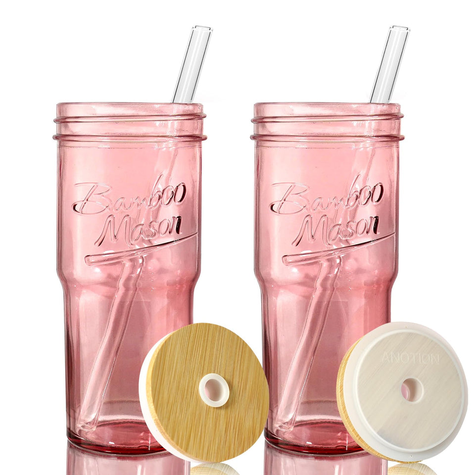 ANOTION 24oz pink glass tumbler with lid, ideal for travel beverages.