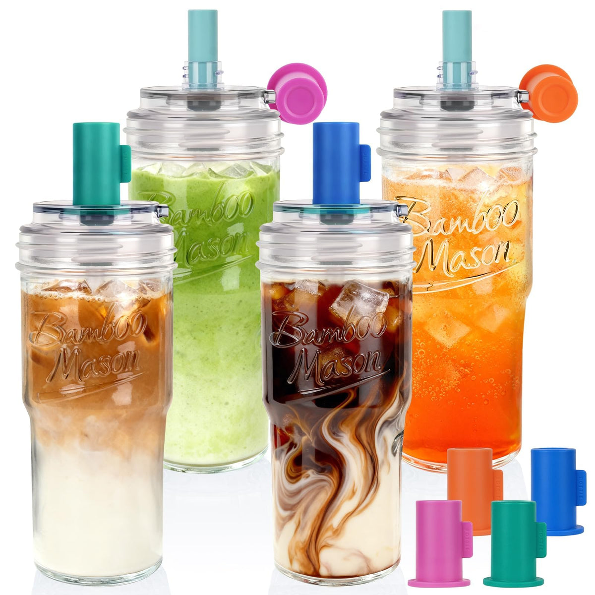 ANOTION Bamboo Mason 24oz glass tumbler with straw shows a clean, leak-free sip.