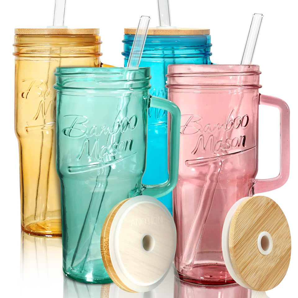 ANOTION colored glass cups with handle offer vibrant style and comfortable grip.