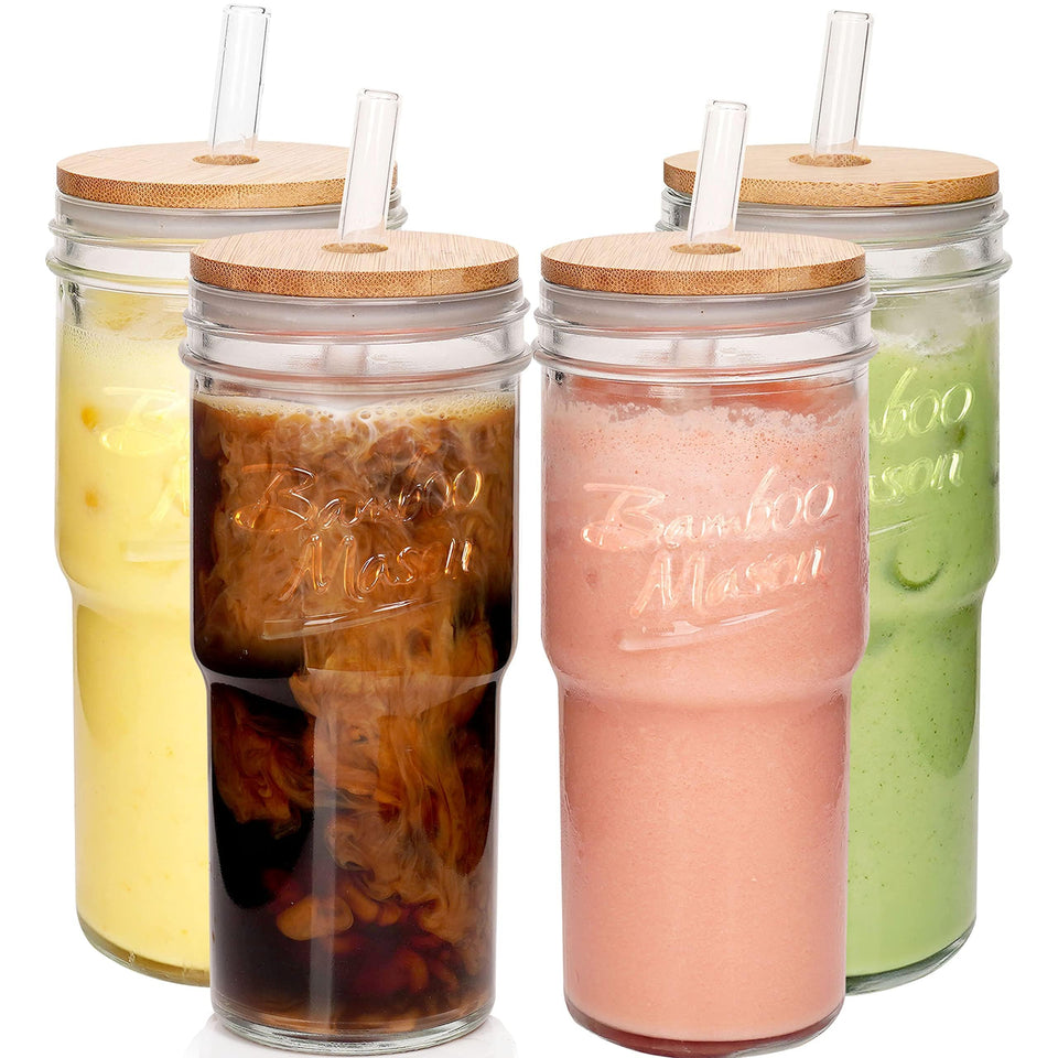 ANOTION glass cups 24oz with bamboo lids in a four-pack for travel-friendly beverages.