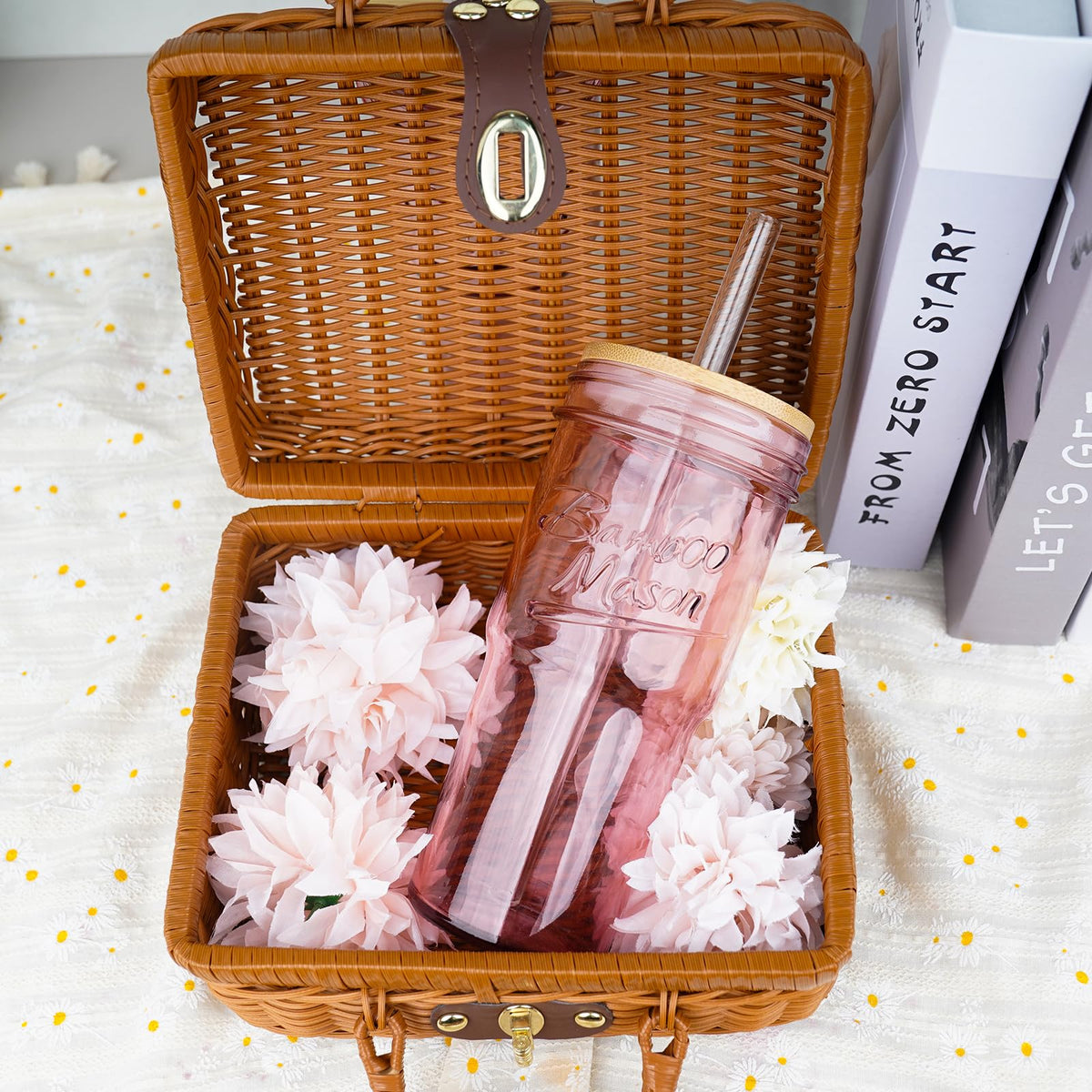 ANOTION pink bamboo lids securely seal to keep drinks fresh on the go.