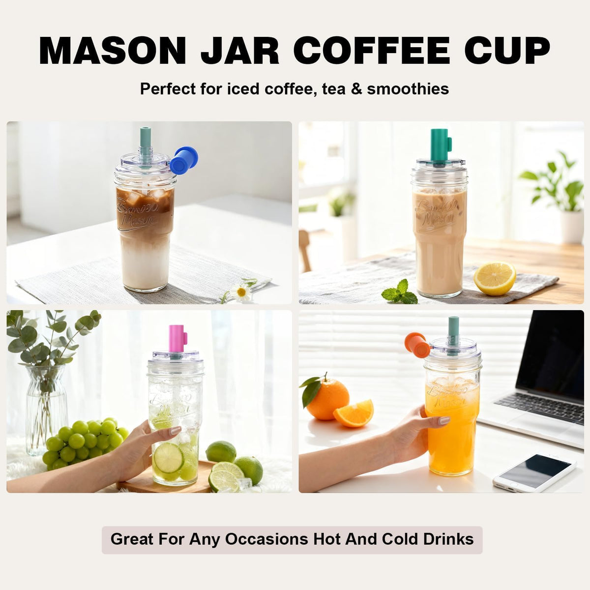 ANOTION reusable mason jar cup ideal for coffee, tea, or smoothies.