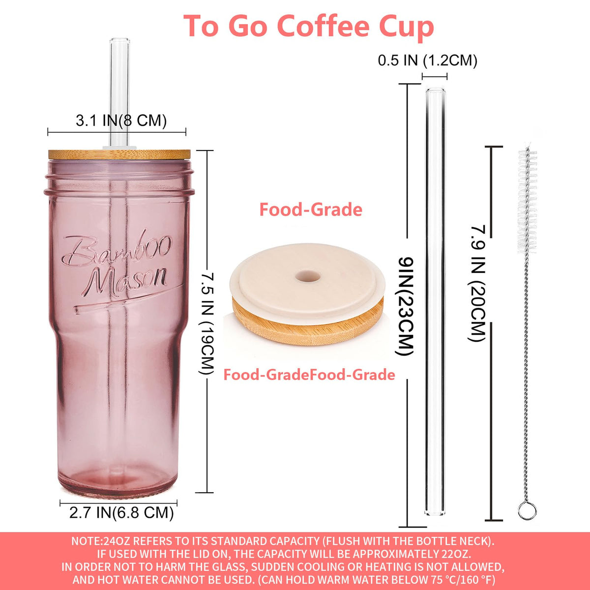 ANOTION straw brush included for easy cleaning of long glass straws.