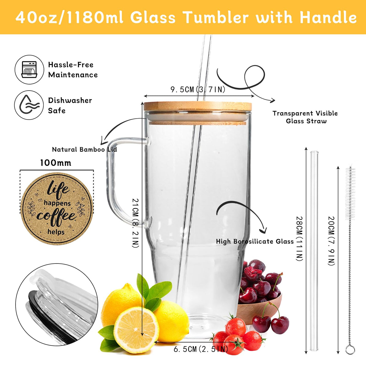 ANOTION glass tumbler with lid and straw for spill-free sipping