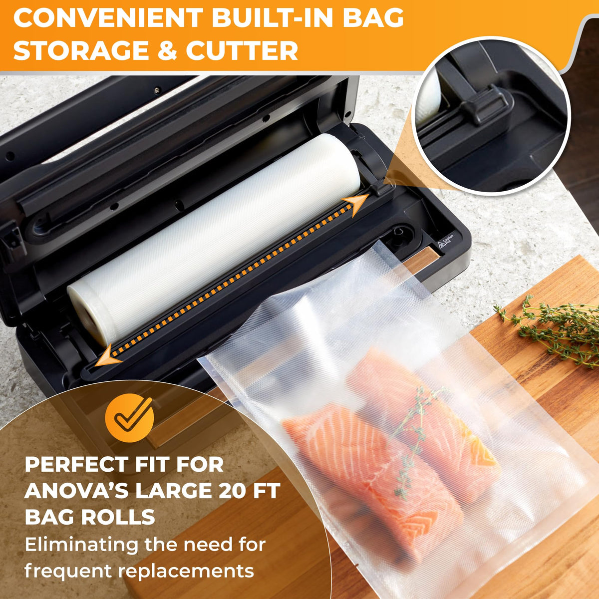 Anova Precision Vacuum Sealer Pro handling one-handed sealing for fast prep.