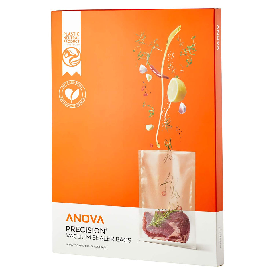 Anova Culinary precision vacuum sealer bags pre-cut front view highlights quick prep and freshness.