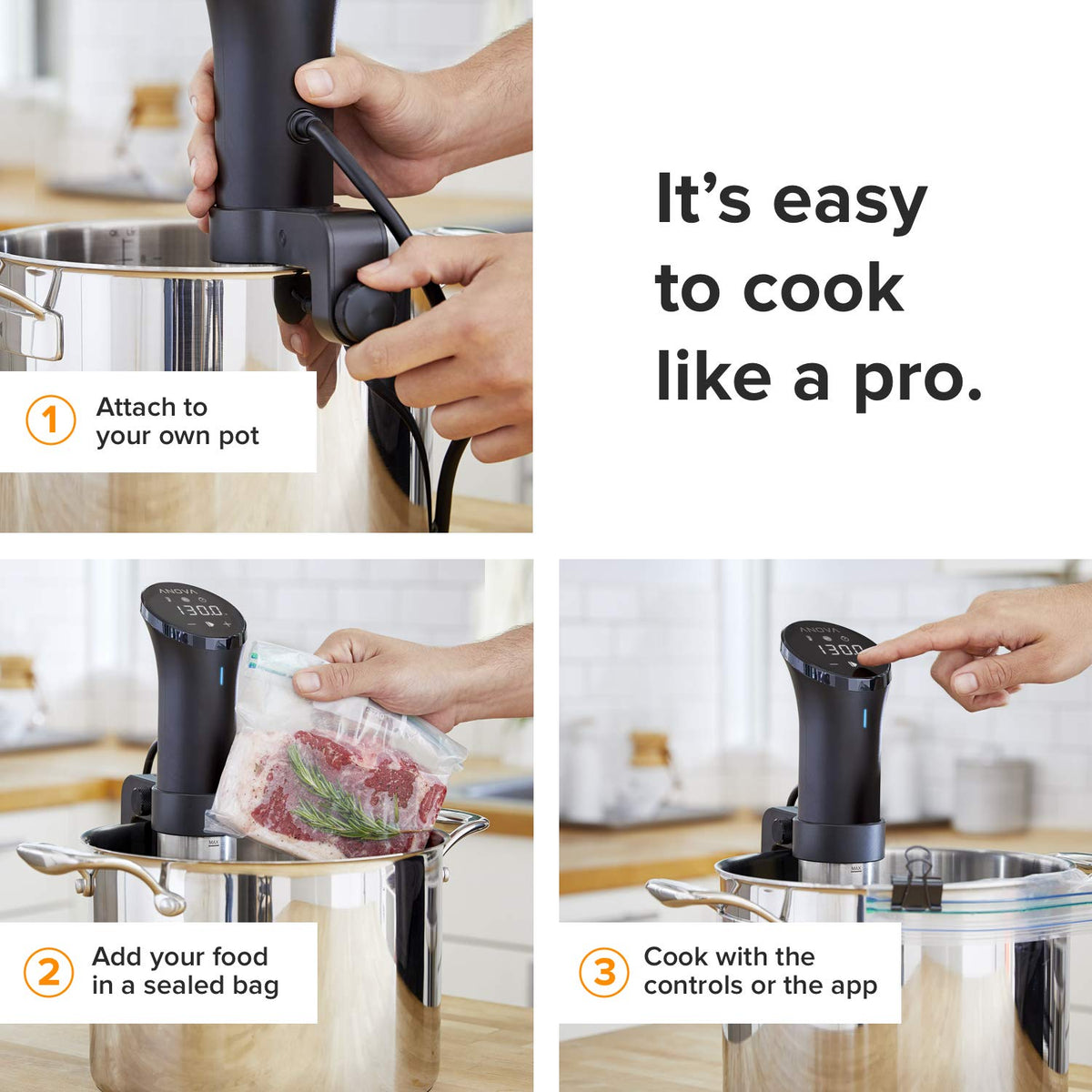 Anova Culinary Sous Vide 2.0 clamp attachment demonstrates easy pot mounting