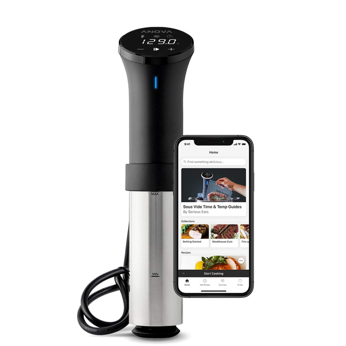 Anova Culinary Sous Vide 2.0 front view showing compact design and precise temperature control