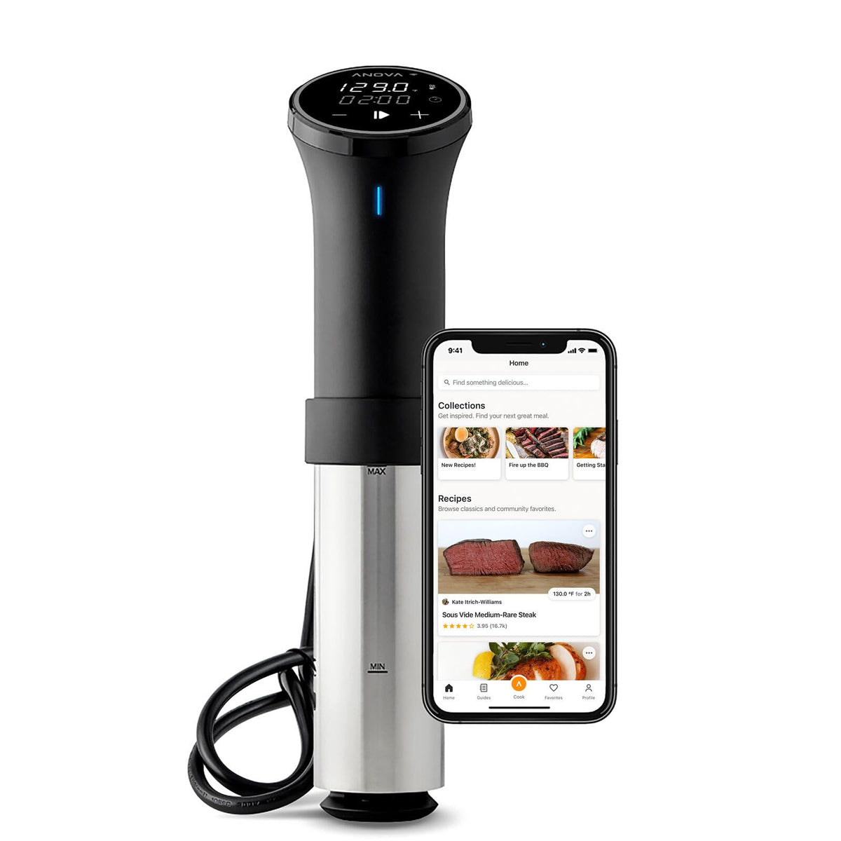 Anova Culinary Sous Vide 3.0 front view with precise temperature control in a water bath