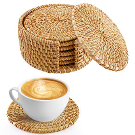 ANPHSIN 6-piece natural rattan coasters protect tables with handmade texture.