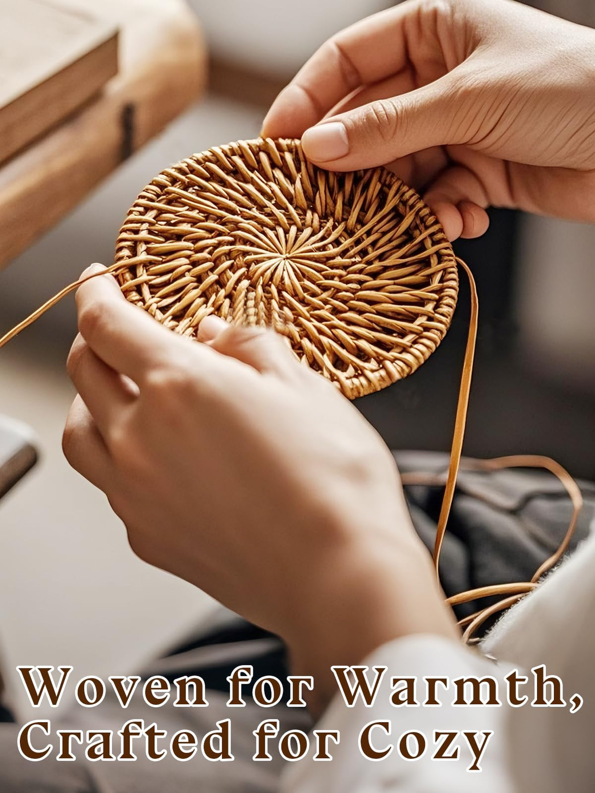ANPHSIN woven rattan coasters close-up shows natural grain.