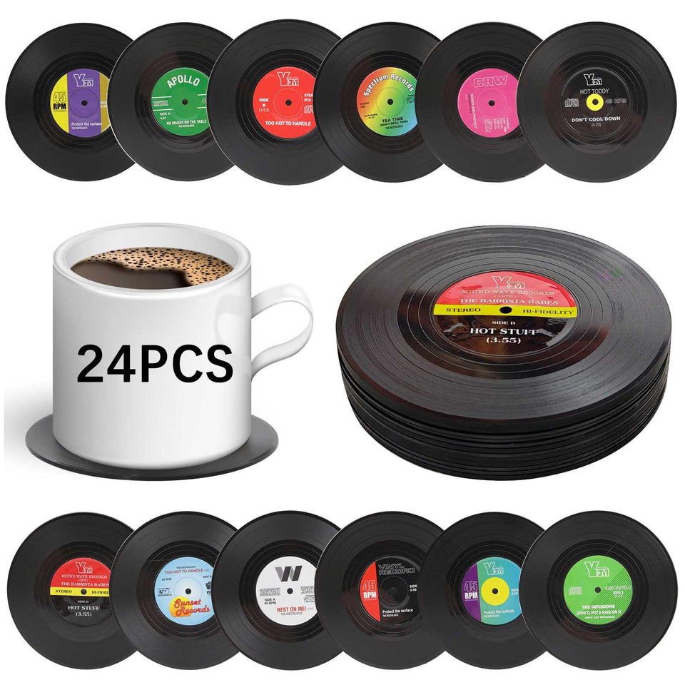 Anpuimult 24-pack retro vinyl record coasters packaging ready for gifting and display